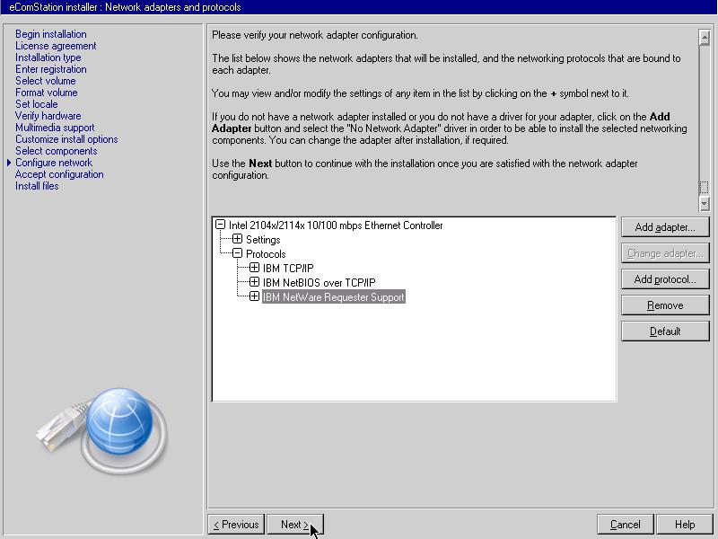 사진 40: Network adapter and protocols 설정 화면